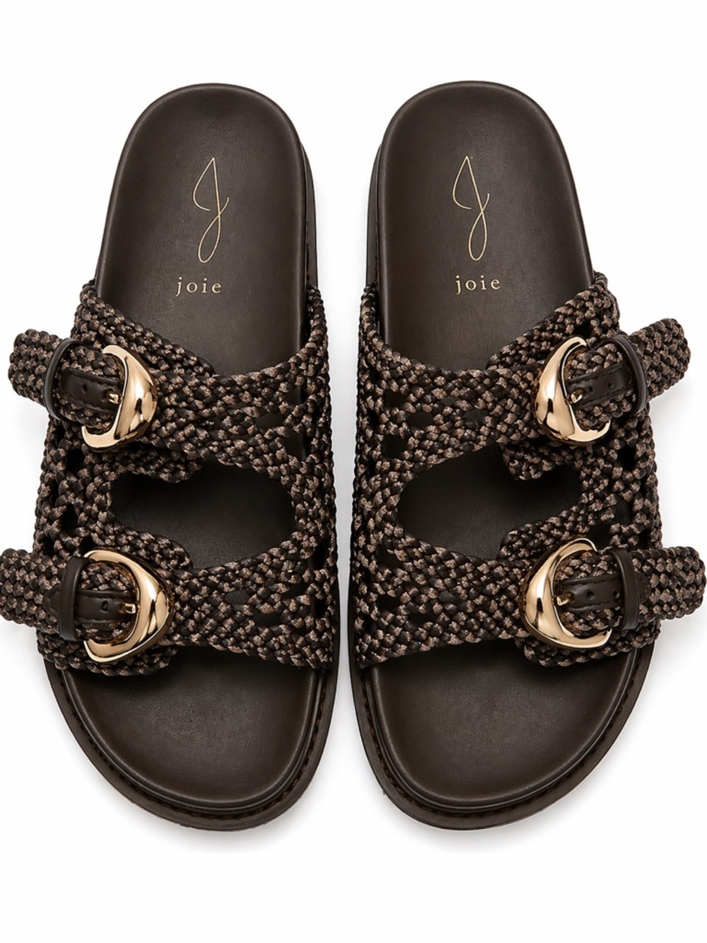 Joie Dark Brown Braided Slide Sandals with Gold Buckles NEW